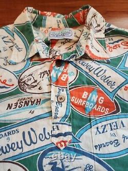 SUPER RARE! Vintage Surf Line HAWAII Surfer Decals Half-Button Shirt Sz Men's XL