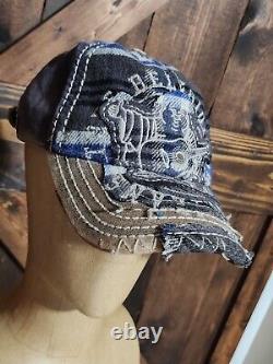 SUPER RARE Vintage TRUE RELIGION Distressed Blue Gray Plaid Buddha Cap Hat NEW