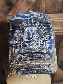 SUPER RARE Vintage TRUE RELIGION Distressed Blue Gray Plaid Buddha Cap Hat NEW