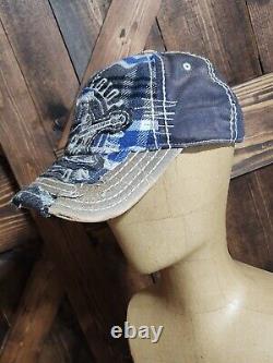 SUPER RARE Vintage TRUE RELIGION Distressed Blue Gray Plaid Buddha Cap Hat NEW