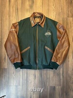 SUPER RARE Vintage Wrangler NFR Rodeo Wool Leather Bomber Jacket Green 2XL