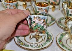 SUPER RARE Vintage capodimonte 17Pc Demitase Coffee Set Made Italy Gold Cupids