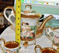 SUPER RARE Vintage capodimonte 17Pc Demitase Coffee Set Made Italy Gold Cupids