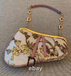 Super Rare New Vintage Christian Dior Gold/Pink Embroidered LE 0236 Saddle Bag