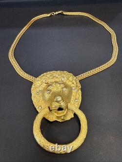 Super Rare Vintage 60S Lion Head Door Knocker Necklace Hammered Gold Rhinestones