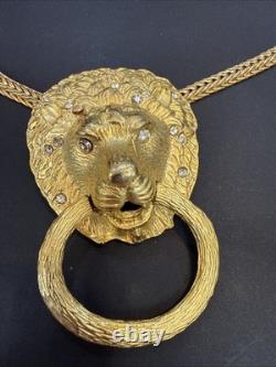Super Rare Vintage 60S Lion Head Door Knocker Necklace Hammered Gold Rhinestones