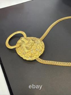 Super Rare Vintage 60S Lion Head Door Knocker Necklace Hammered Gold Rhinestones