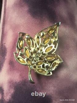 Super Rare Vintage Crown Trifari Purple & Green Rhinestone Pearl Leaf Brooch