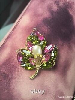 Super Rare Vintage Crown Trifari Purple & Green Rhinestone Pearl Leaf Brooch