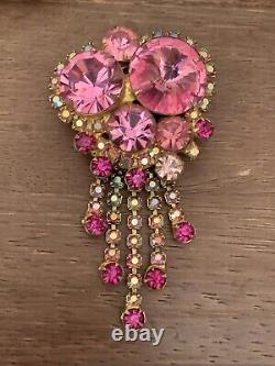 Super Rare Vintage Juliana D&E Pink Rivoli Rose Color Dangle Fringe Brooch Pin