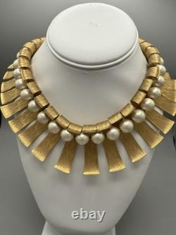 Super Rare Vintage Marvella Gold Matte Statement Necklace, Faux Pearls