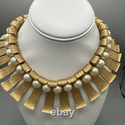 Super Rare Vintage Marvella Gold Matte Statement Necklace, Faux Pearls