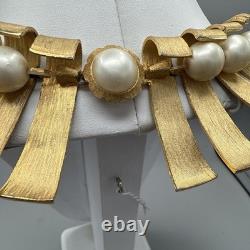 Super Rare Vintage Marvella Gold Matte Statement Necklace, Faux Pearls