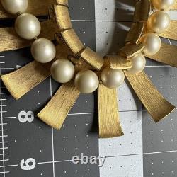 Super Rare Vintage Marvella Gold Matte Statement Necklace, Faux Pearls