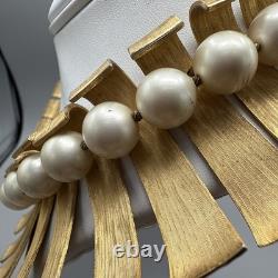 Super Rare Vintage Marvella Gold Matte Statement Necklace, Faux Pearls