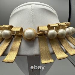 Super Rare Vintage Marvella Gold Matte Statement Necklace, Faux Pearls