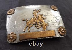Super Rare Vintage Renalde Solid Nickel Bull Riding Trophy Banner Belt Buckle