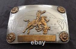 Super Rare Vintage Renalde Solid Nickel Bull Riding Trophy Banner Belt Buckle
