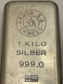 Super Rare Vintage Swiss Argor S. A. Chiasso 1 Kilo Silver Bar 1970's/80's Cast