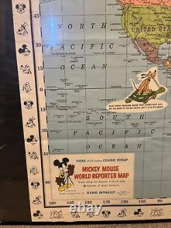 VINTAGE SUPER RARE NM Disney Mickey Mouse World Reporter Map With Frame