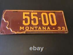 Vintage 1933 Super RARE Montana License plate. 55-00 Unusual color also
