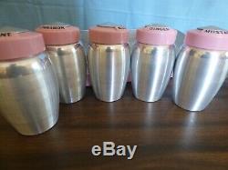 Vintage aluminum Kromex spice rack with 8 spices pink tops Rare