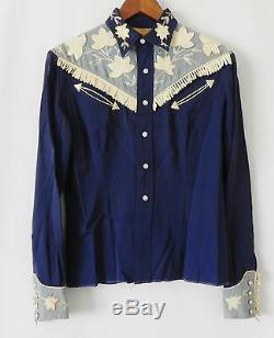 Vtg California Ranchwear Western Shirt Rare Leather Trim Navy Blue Size 34(S)